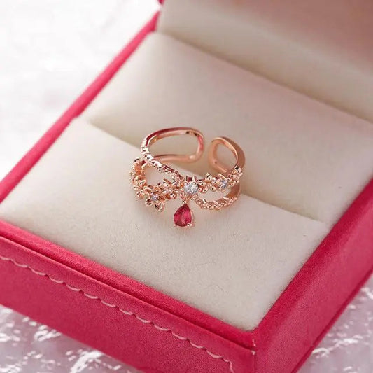 Adjustable Gold Ring with Zirconia and Ruby Unique Joyas