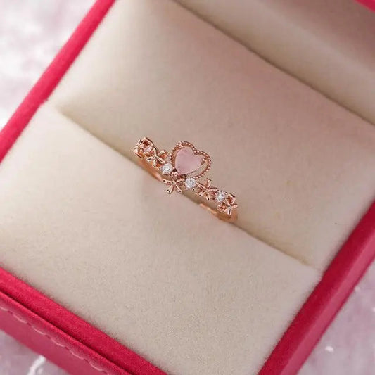 Adjustable gold ring with pink heart and zirconia Unique Joyas