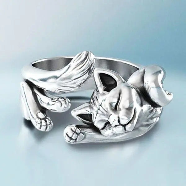 Vintage Silver Cat Ring Unique Joyas