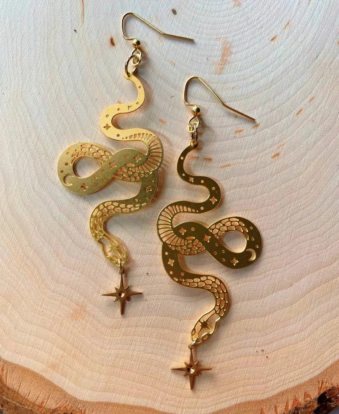 Gold Star Snake Pendant Earrings Unique Joyas