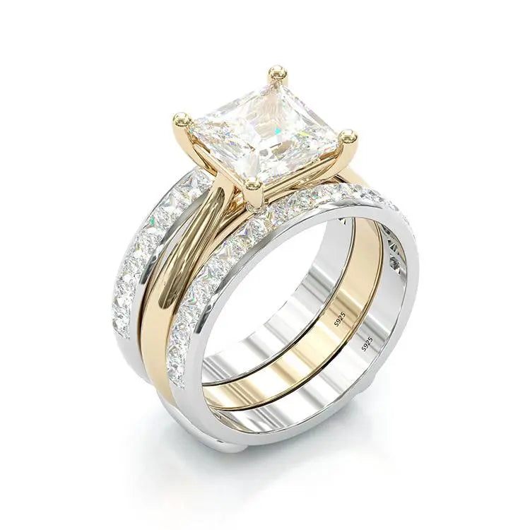 Timeless Princess Cut Bridal Ring Set – Gold & Sterling Silver Unique Joyas
