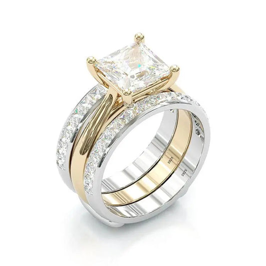 Timeless Princess Cut Bridal Ring Set – Gold & Sterling Silver Unique Joyas