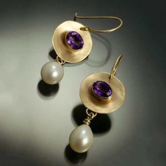 Vintage Earrings with Gold Discs, Pearl, and Purple Stone